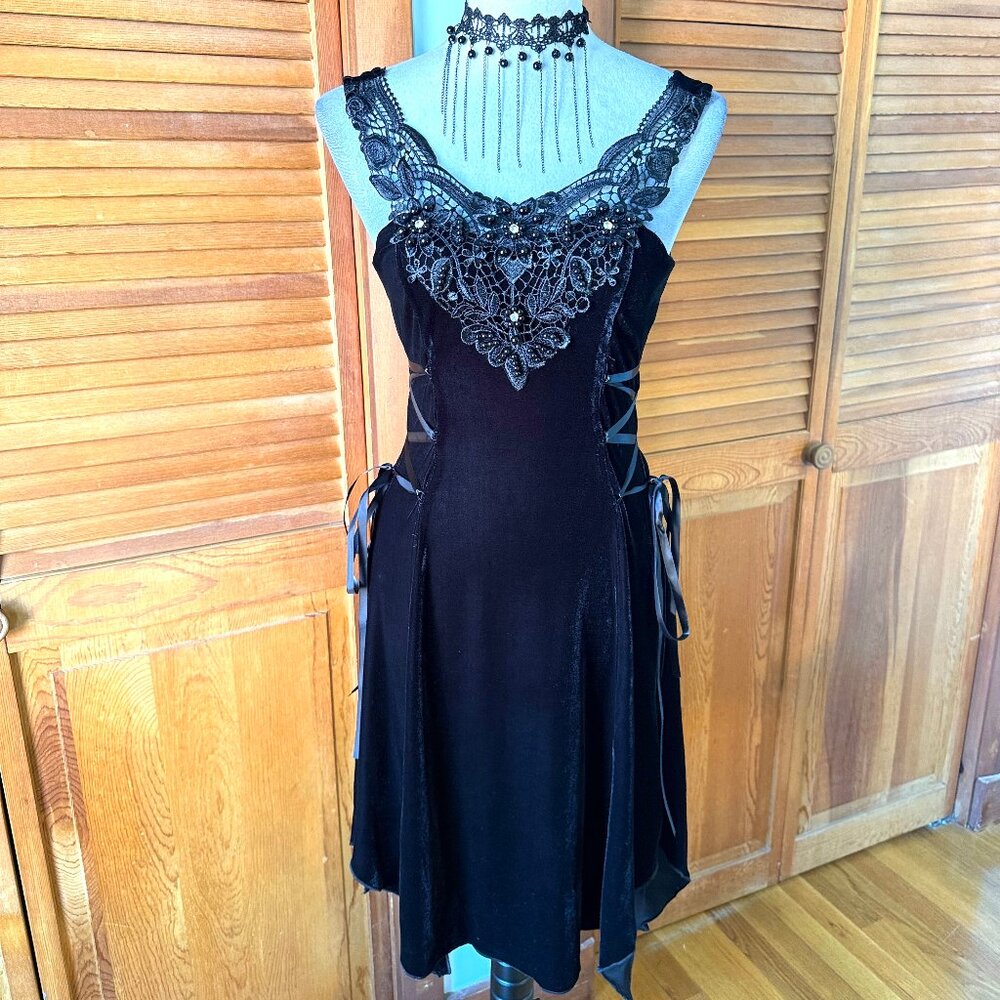 Devil Fashion Gothic Victorian Dark Fairy Beaded Lace-Up Sides Mini Dress